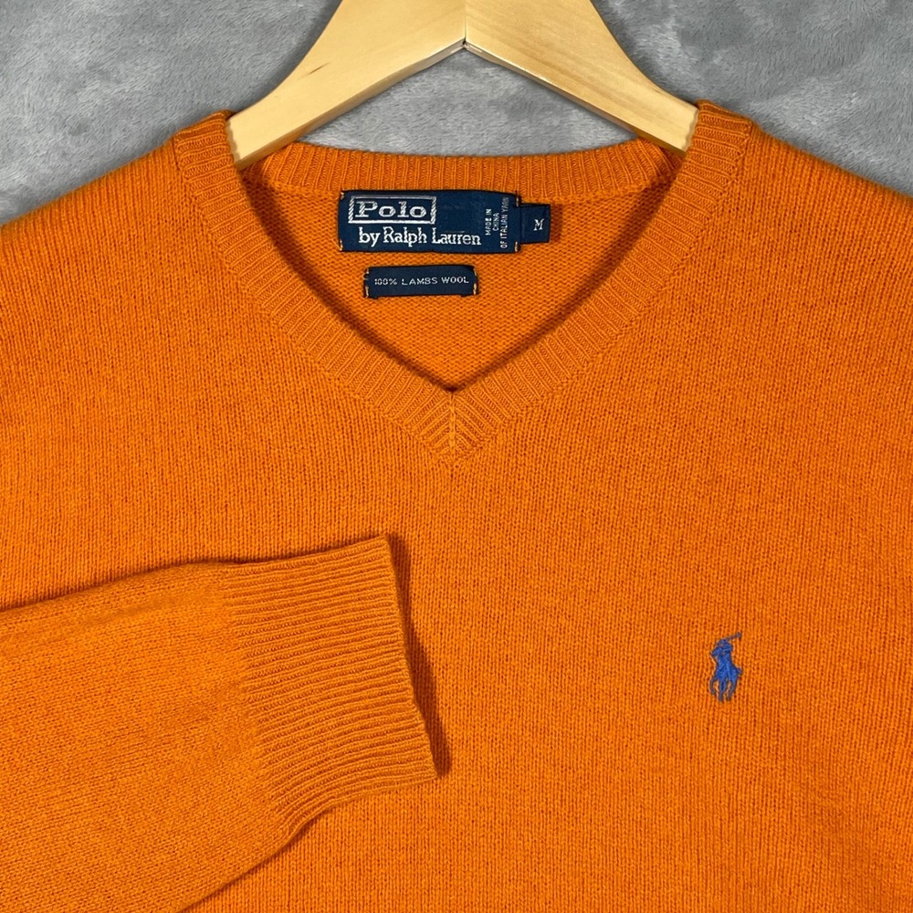 Polo Ralph Lauren Mens Orange 100% Lambswool V-Neck Sweater Size M Italian Yarn